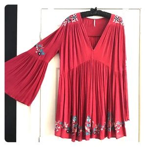 Free People Boho Embroidered flair sleeve dress
